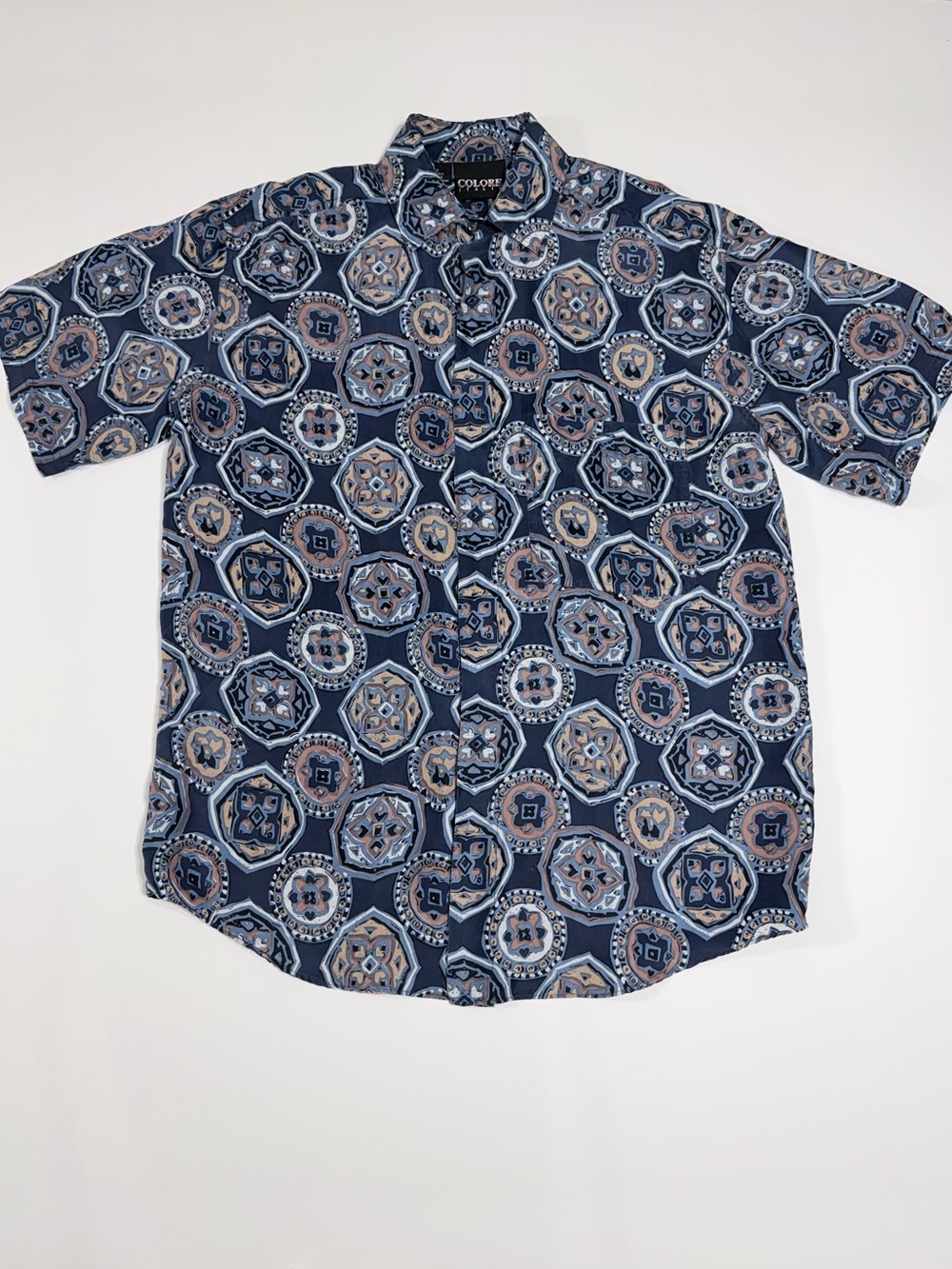 Vintage 90s 100% Silk Colore Italia Medallion Print Camp Shirt Blue Mens S